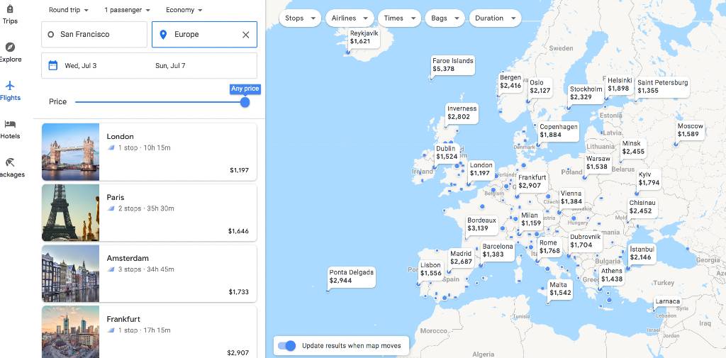 searching Europe on the Google Flights Explore map