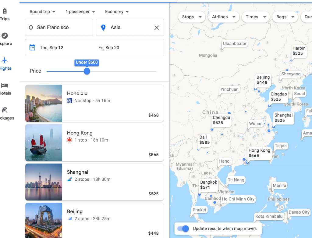 filtering by price on the Google Flights Explore map