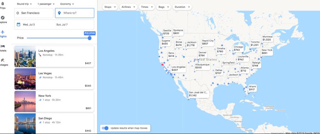 regional search on Google Flights Explore map