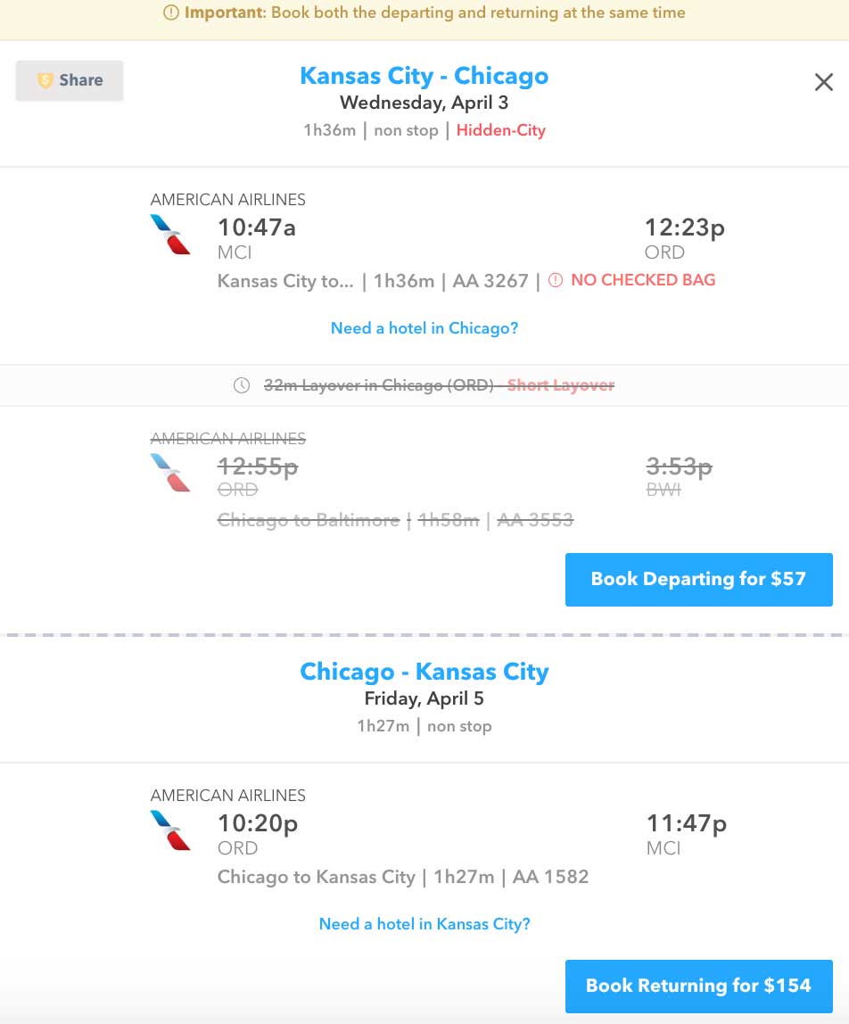 screenshot of flight booking page on Skiplagged