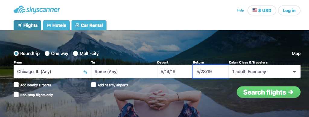 selecting route on skyscanner