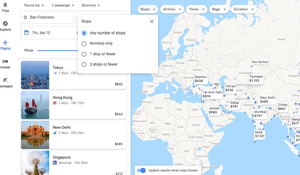 filtering results on the Google Flights Explore map