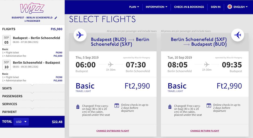 screenshot of booking Wizz Air flight.