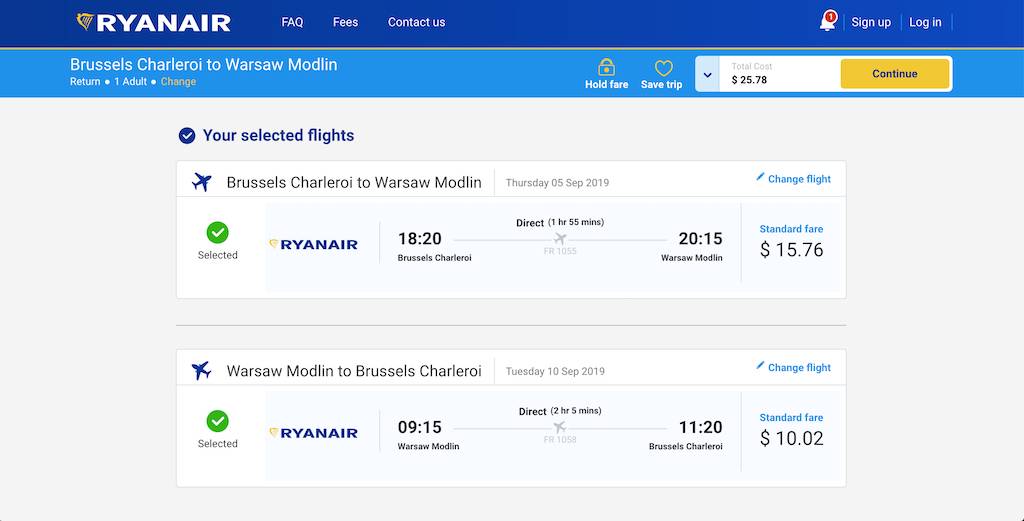 screenshot of booking Ryanair flight.