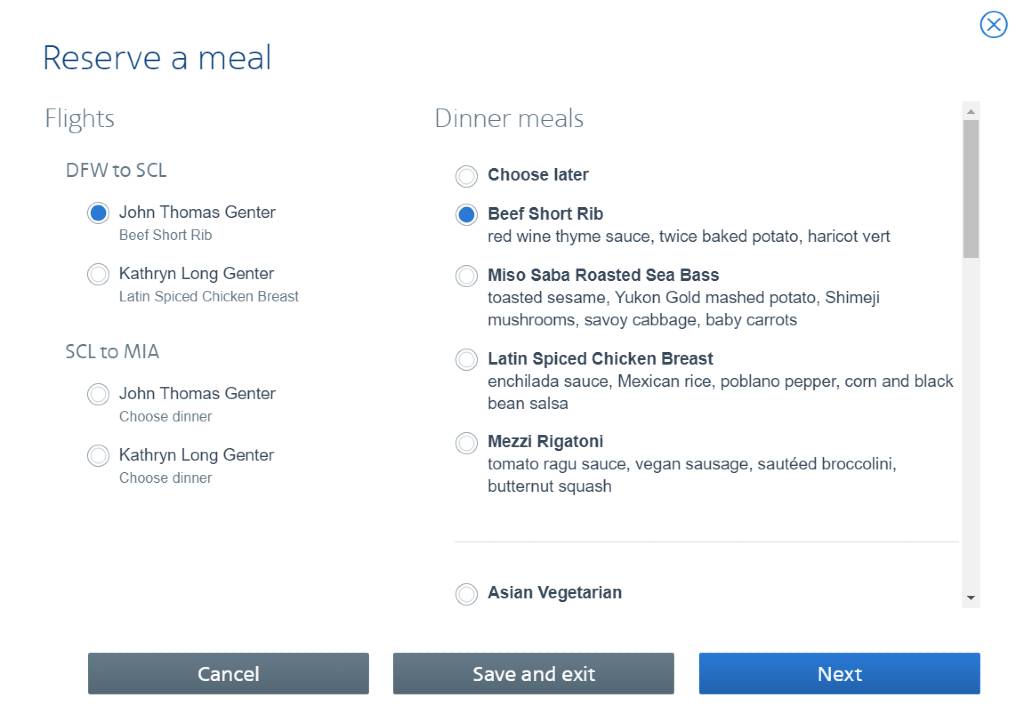 reserving your meal on AA business class.