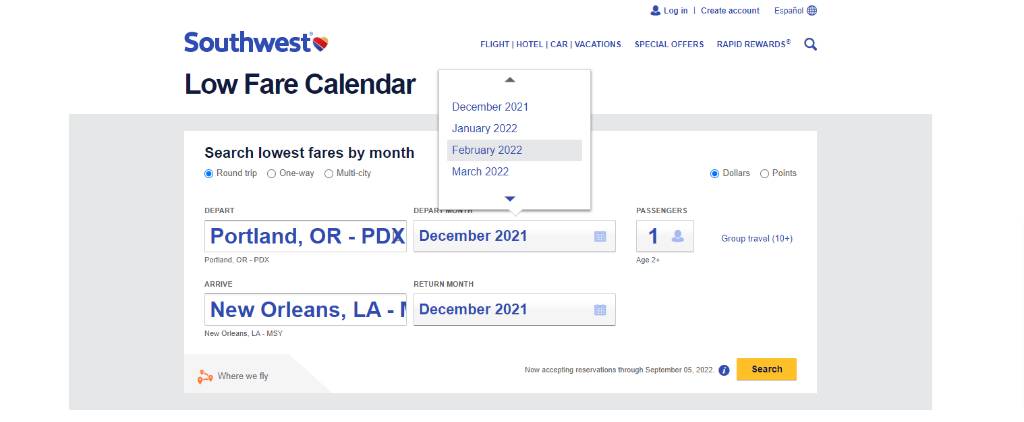 search by month on Southwest low fare calendar.