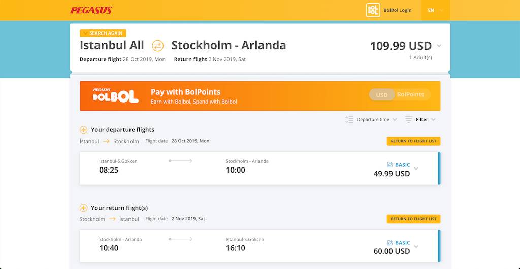 screenshot of booking Pegasus flight