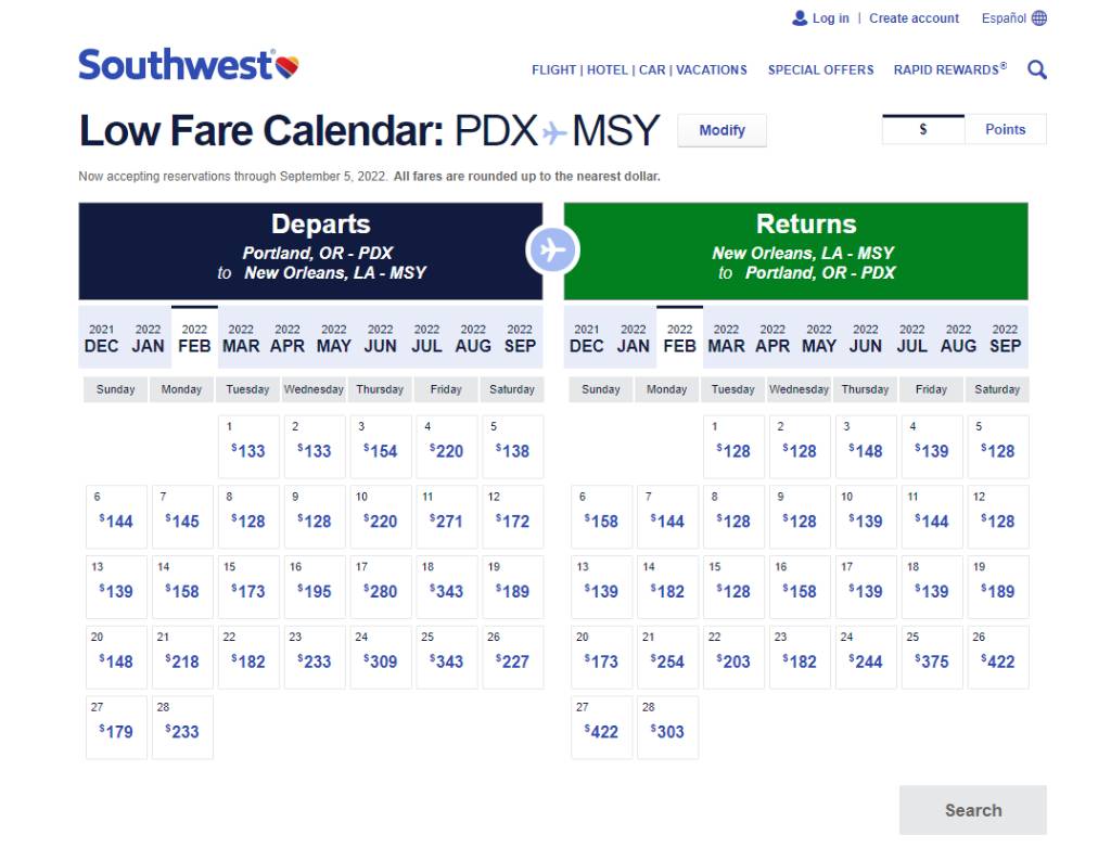 Southwest Low Fare Calendar.