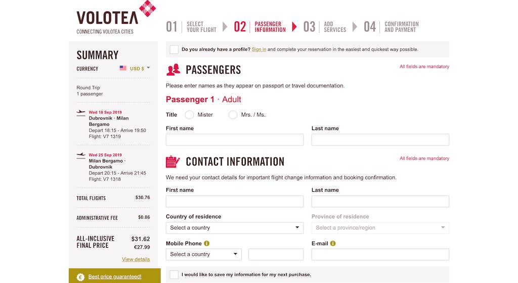 screenshot of booking Volotea flight.