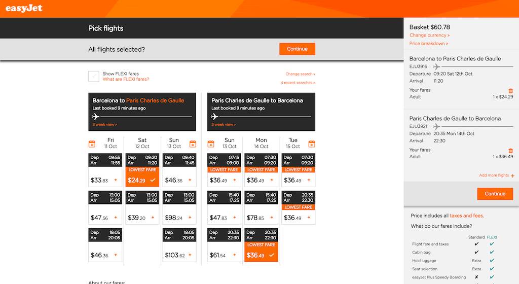 screenshot of booking EasyJet flight.