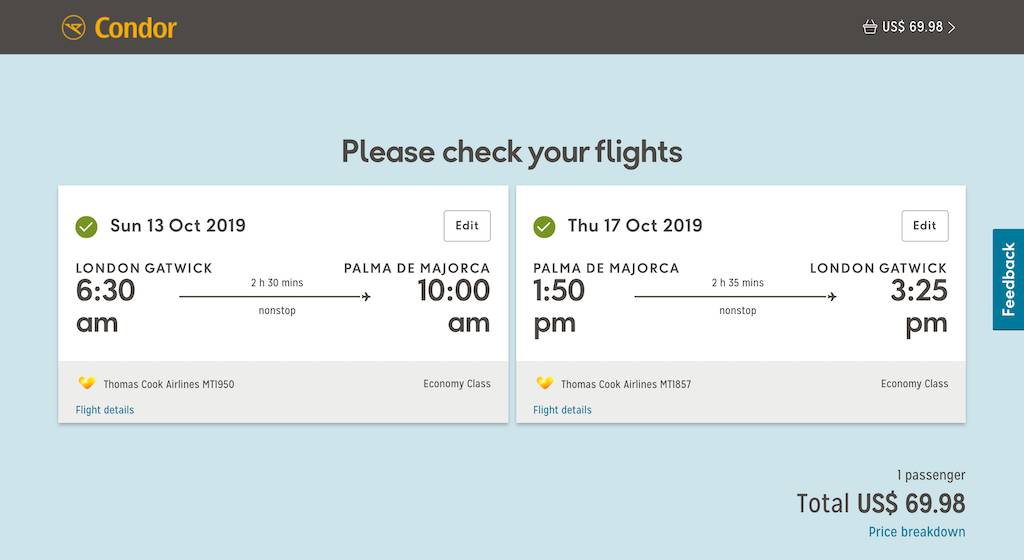 screenshot of booking Condor flight.
