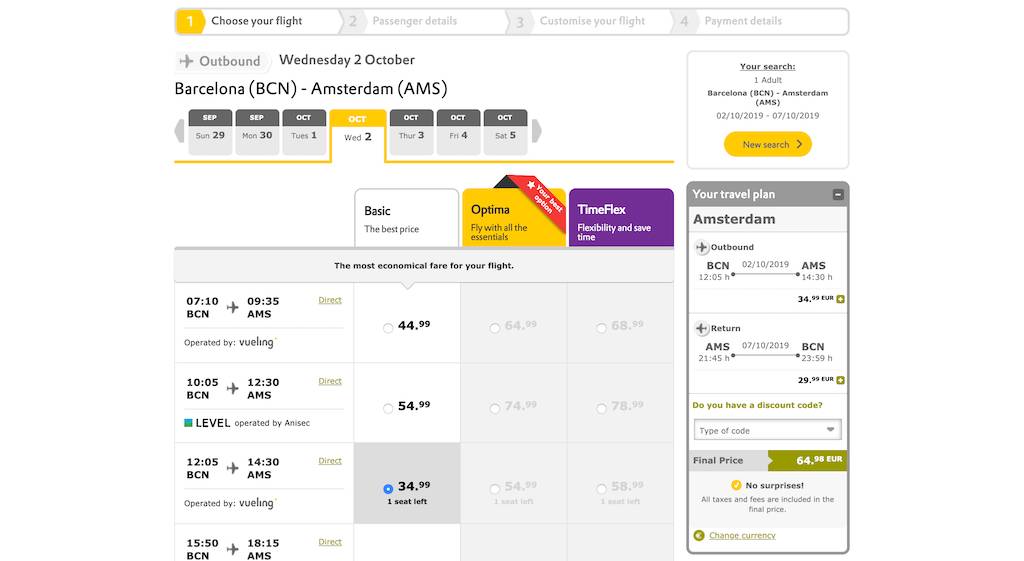 screenshot of booking Vueling flight.