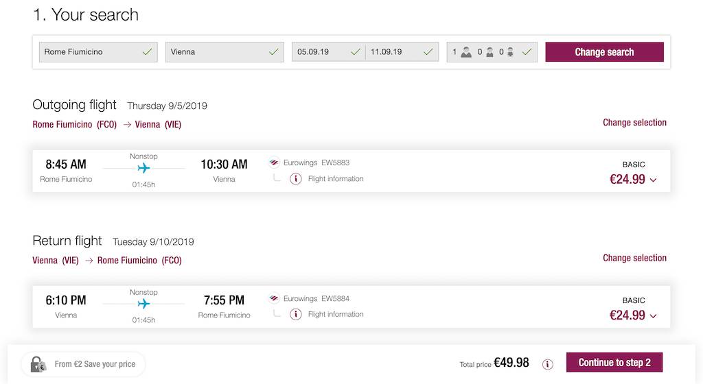 screenshot of booking Eurowing flight.