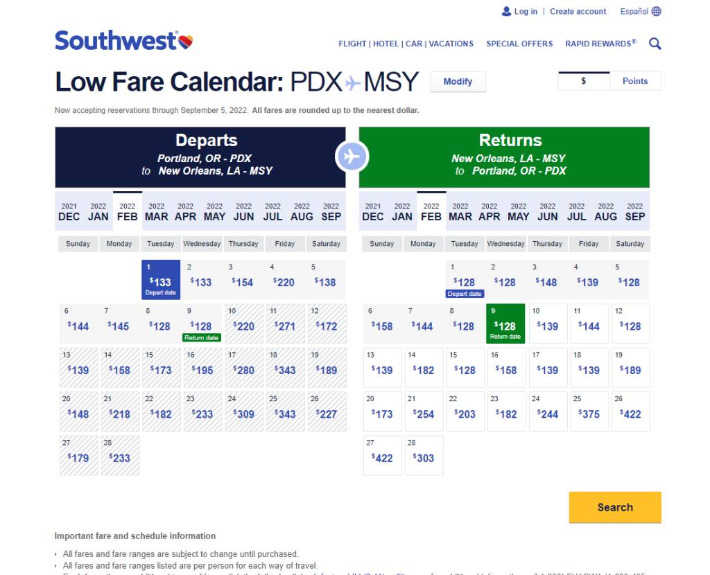 choosing dates using the Southwest Low Fare Calendar.